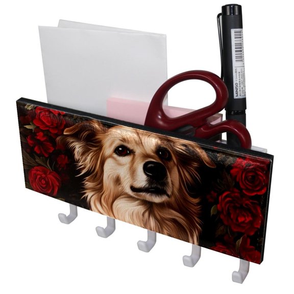 PhooArto Key Holder for Wall Decorative with 5 Key Hooks, Cute Dog Red Flower Wreath Holders Wall Mount Organizer with Mail Key Rack, Self Adhesive