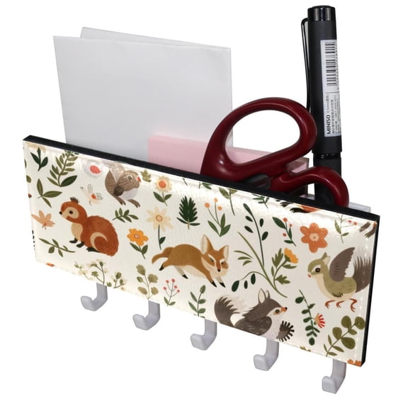 PhooArto Key Holder for Wall Decorative with 5 Key Hooks, Cute Forest Animals Pattern Holders Wall Mount Organizer with Mail Key Rack, Self Adhesive