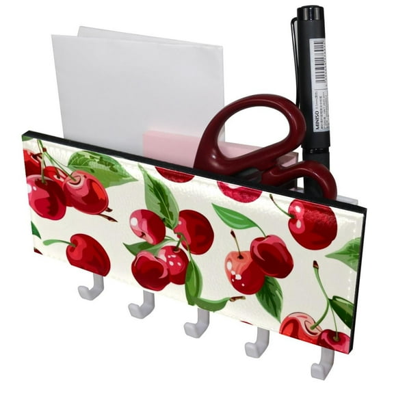 PhooArto Key Holder for Wall Decorative with 5 Key Hooks, Cute Fruit Cherry Pattern Holders Wall Mount Organizer with Mail Key Rack, Self Adhesive
