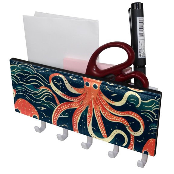 PhooArto Key Holder for Wall Decorative with 5 Key Hooks, Cute Octopus Wave Pattern Holders Wall Mount Organizer with Mail Key Rack, Self Adhesive