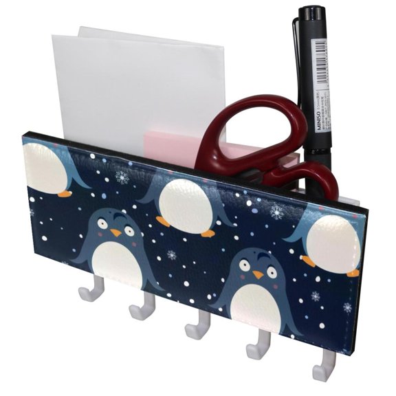 PhooArto Key Holder for Wall Decorative with 5 Key Hooks, Cute Penguin Pattern Holders Wall Mount Organizer with Mail Key Rack, Self Adhesive