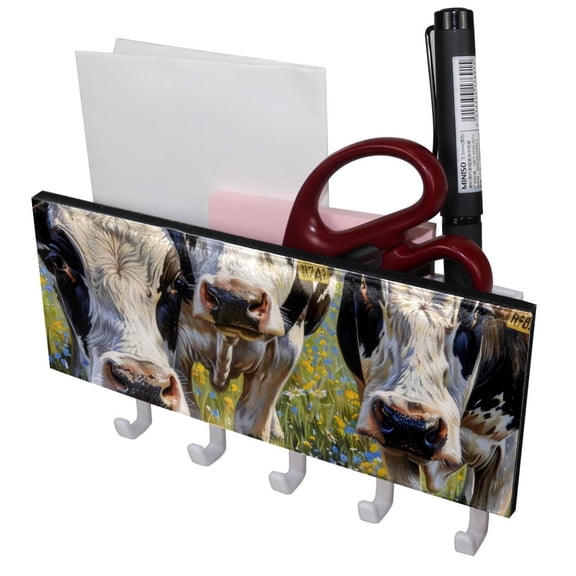 PhooArto Key Holder for Wall Decorative with 5 Key Hooks, Daisy Flowers Farm Cows Holders Wall Mount Organizer with Mail Key Rack, Self Adhesive