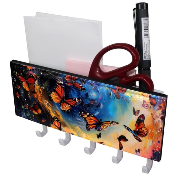 PhooArto Key Holder for Wall Decorative with 5 Key Hooks, Dancing Butterflies Galaxy Holders Wall Mount Organizer with Mail Key Rack, Self Adhesive