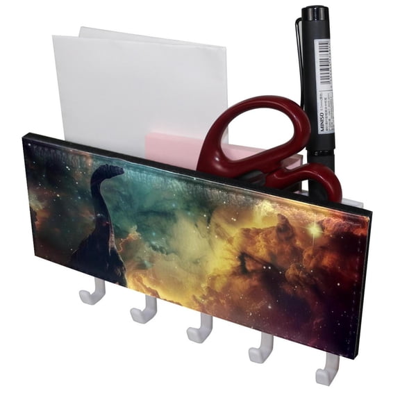 PhooArto Key Holder for Wall Decorative with 5 Key Hooks, Dinosaur in the Galaxy Holders Wall Mount Organizer with Mail Key Rack, Self Adhesive