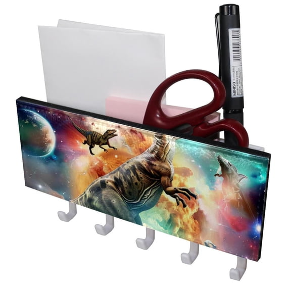 PhooArto Key Holder for Wall Decorative with 5 Key Hooks, Dinosaur on Galaxy Holders Wall Mount Organizer with Mail Key Rack, Self Adhesive