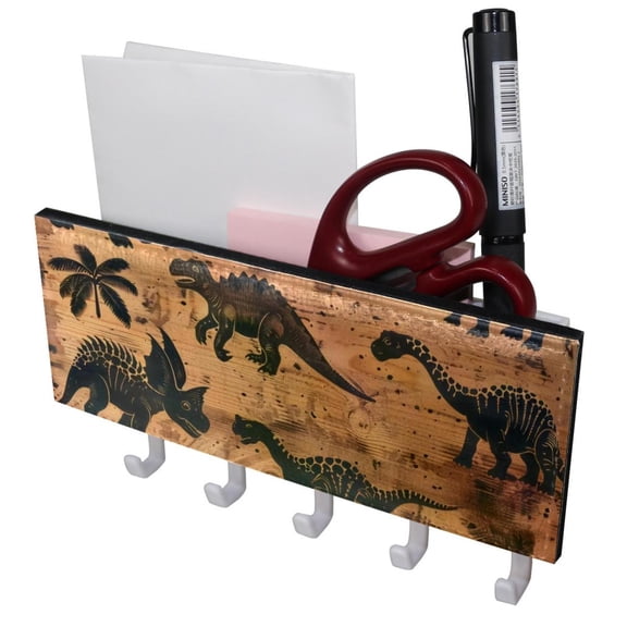 PhooArto Key Holder for Wall Decorative with 5 Key Hooks, Dinosaurs Patterns on Wooden Holders Wall Mount Organizer with Mail Key Rack, Self Adhesive