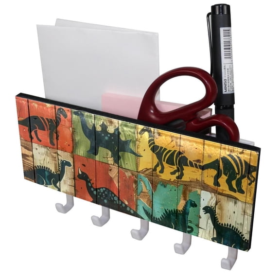 PhooArto Key Holder for Wall Decorative with 5 Key Hooks, Dinosaurs on Wooden Board Holders Wall Mount Organizer with Mail Key Rack, Self Adhesive