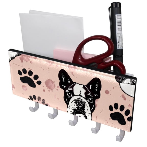 PhooArto Key Holder for Wall Decorative with 5 Key Hooks, Dog Paw Bulldog Pattern Holders Wall Mount Organizer with Mail Key Rack, Self Adhesive