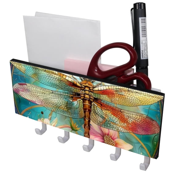 PhooArto Key Holder for Wall Decorative with 5 Key Hooks, Dragonfly Pink Flowers Holders Wall Mount Organizer with Mail Key Rack, Self Adhesive