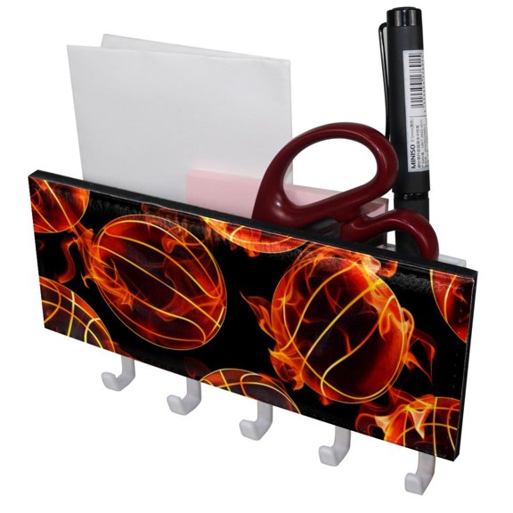 PhooArto Key Holder for Wall Decorative with 5 Key Hooks, Fire and Basketball Pattern Holders Wall Mount Organizer with Mail Key Rack, Self Adhesive