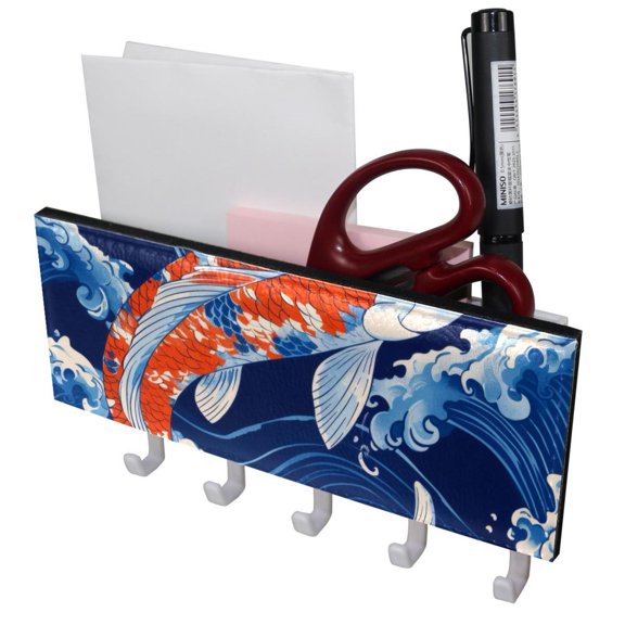 PhooArto Key Holder for Wall Decorative with 5 Key Hooks, Fish Koi Blue Wave Pattern Holders Wall Mount Organizer with Mail Key Rack, Self Adhesive
