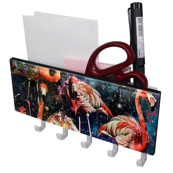 PhooArto Key Holder for Wall Decorative with 5 Key Hooks, Flamingo Galaxy Space Holders Wall Mount Organizer with Mail Key Rack, Self Adhesive