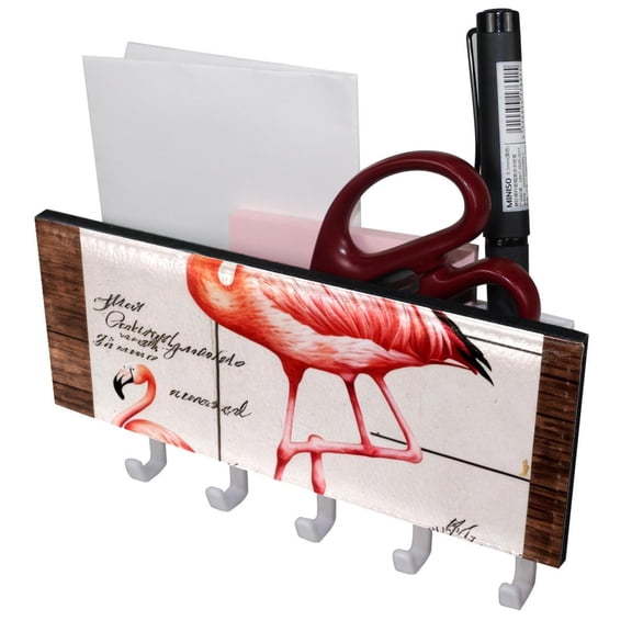 PhooArto Key Holder for Wall Decorative with 5 Key Hooks, Flamingo Rose Flowers Holders Wall Mount Organizer with Mail Key Rack, Self Adhesive