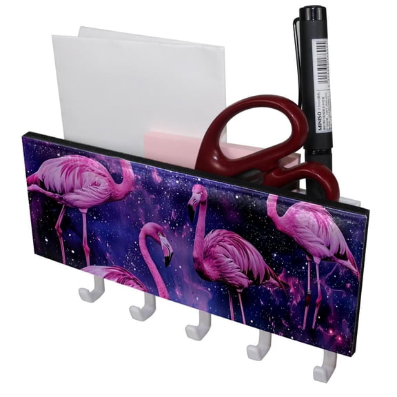 PhooArto Key Holder for Wall Decorative with 5 Key Hooks, Flamingos Purple Galaxy Holders Wall Mount Organizer with Mail Key Rack, Self Adhesive