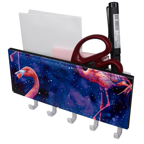 PhooArto Key Holder for Wall Decorative with 5 Key Hooks, Flamingos on Purple Galaxy Holders Wall Mount Organizer with Mail Key Rack, Self Adhesive