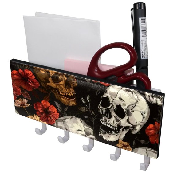 PhooArto Key Holder for Wall Decorative with 5 Key Hooks, Floral Skull Pattern Holders Wall Mount Organizer with Mail Key Rack, Self Adhesive