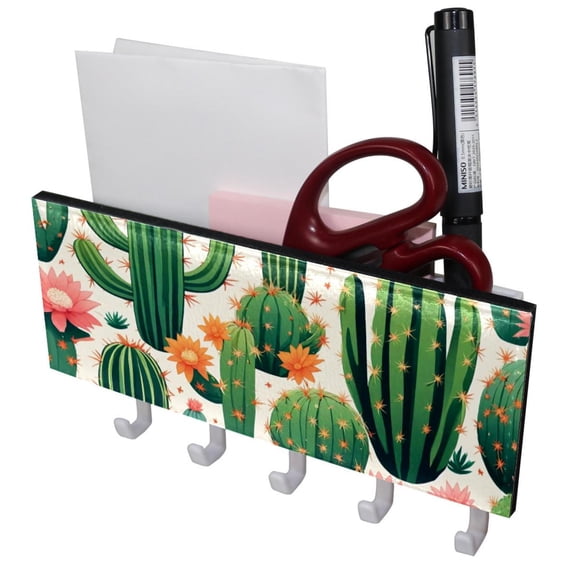 PhooArto Key Holder for Wall Decorative with 5 Key Hooks, Flower Cactus Cacti Pattern Holders Wall Mount Organizer with Mail Key Rack, Self Adhesive