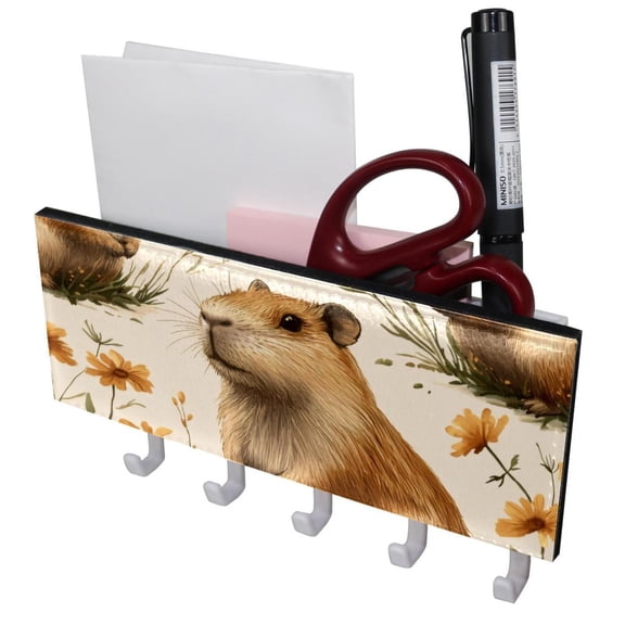 PhooArto Key Holder for Wall Decorative with 5 Key Hooks, Flower and Capybaras Pattern Holders Wall Mount Organizer with Mail Key Rack, Self Adhesive