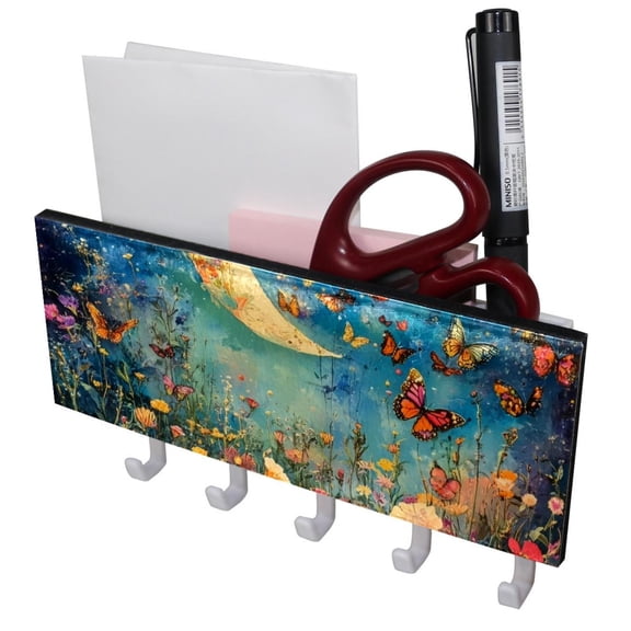 PhooArto Key Holder for Wall Decorative with 5 Key Hooks, Flowers Butterfly Moon Holders Wall Mount Organizer with Mail Key Rack, Self Adhesive