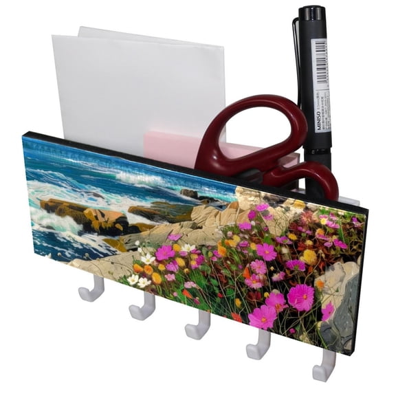 PhooArto Key Holder for Wall Decorative with 5 Key Hooks, Flowers Coast Rocks Holders Wall Mount Organizer with Mail Key Rack, Self Adhesive
