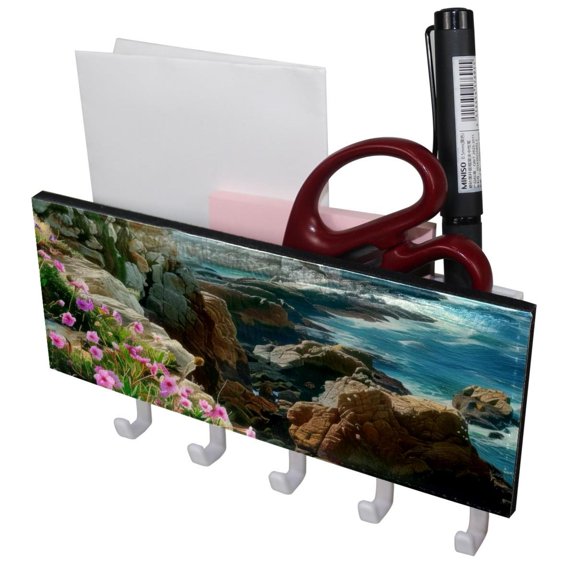 PhooArto Key Holder for Wall Decorative with 5 Key Hooks, Flowers Coast Rocks Scene Holders Wall Mount Organizer with Mail Key Rack, Self Adhesive