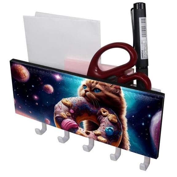 PhooArto Key Holder for Wall Decorative with 5 Key Hooks, Galaxy Cat Donut Holders Wall Mount Organizer with Mail Key Rack, Self Adhesive