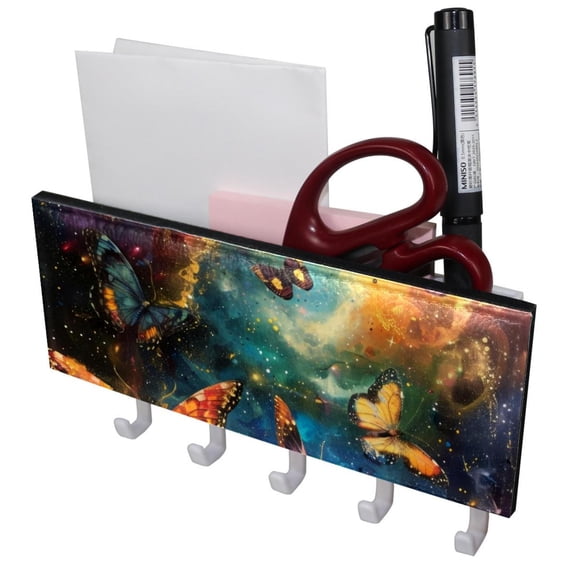 PhooArto Key Holder for Wall Decorative with 5 Key Hooks, Galaxy Dancing Butterflies Holders Wall Mount Organizer with Mail Key Rack, Self Adhesive