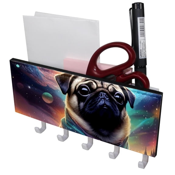 PhooArto Key Holder for Wall Decorative with 5 Key Hooks, Galaxy Pug Dog Holders Wall Mount Organizer with Mail Key Rack, Self Adhesive