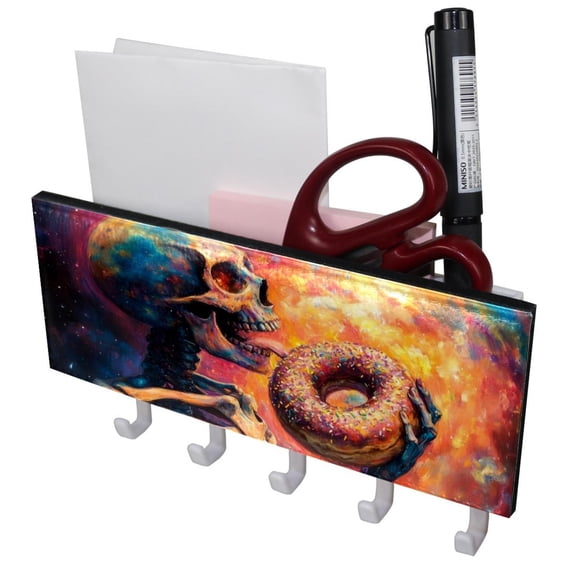 PhooArto Key Holder for Wall Decorative with 5 Key Hooks, Galaxy Skeleton Donuts Holders Wall Mount Organizer with Mail Key Rack, Self Adhesive