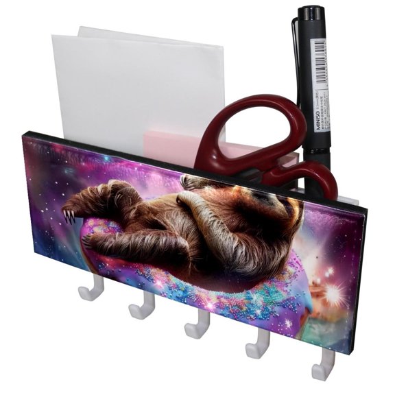 PhooArto Key Holder for Wall Decorative with 5 Key Hooks, Galaxy Sloth Lying Donut Holders Wall Mount Organizer with Mail Key Rack, Self Adhesive