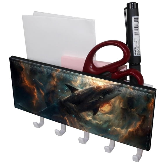 PhooArto Key Holder for Wall Decorative with 5 Key Hooks, Galaxy Swimming Shark Holders Wall Mount Organizer with Mail Key Rack, Self Adhesive