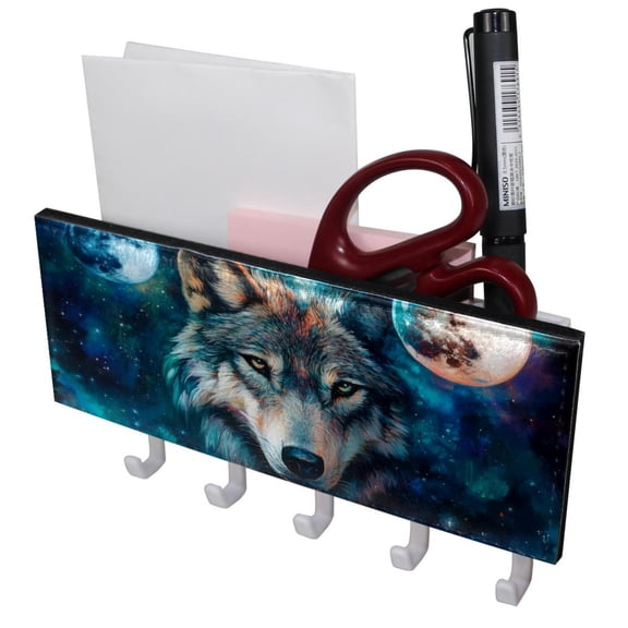 PhooArto Key Holder for Wall Decorative with 5 Key Hooks, Galaxy Wolf Moon Holders Wall Mount Organizer with Mail Key Rack, Self Adhesive