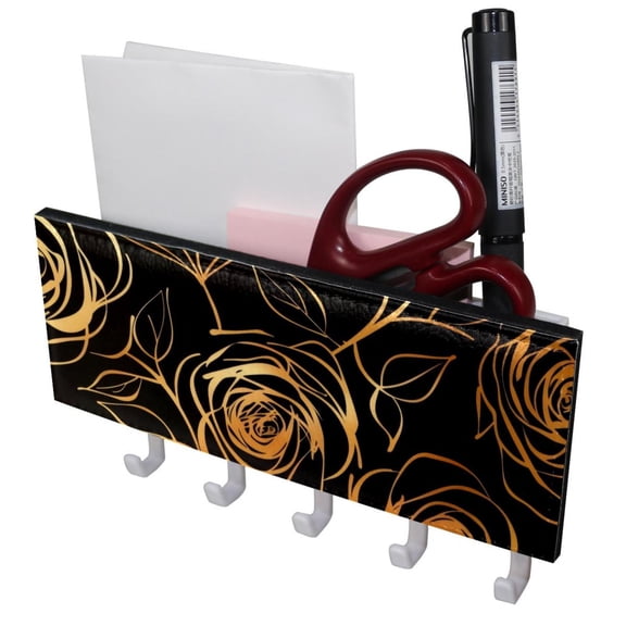 PhooArto Key Holder for Wall Decorative with 5 Key Hooks, Gold Roses Flower Pattern Holders Wall Mount Organizer with Mail Key Rack, Self Adhesive