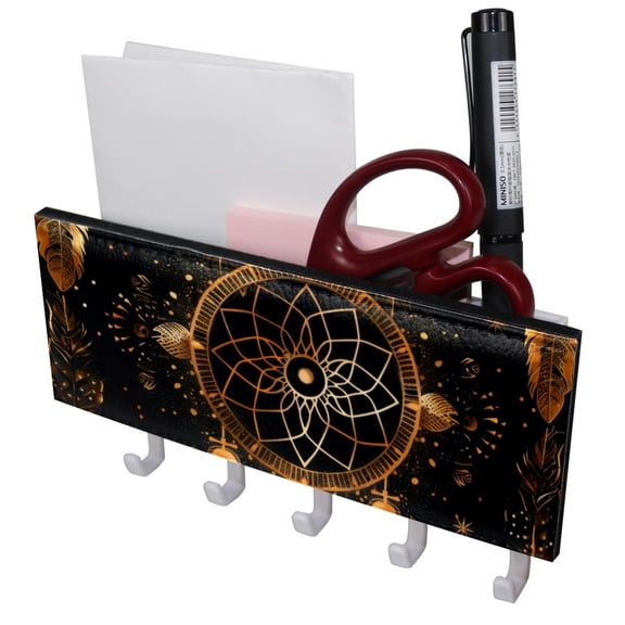 PhooArto Key Holder for Wall Decorative with 5 Key Hooks, Golden Dreamcatcher Pattern Holders Wall Mount Organizer with Mail Key Rack, Self Adhesive