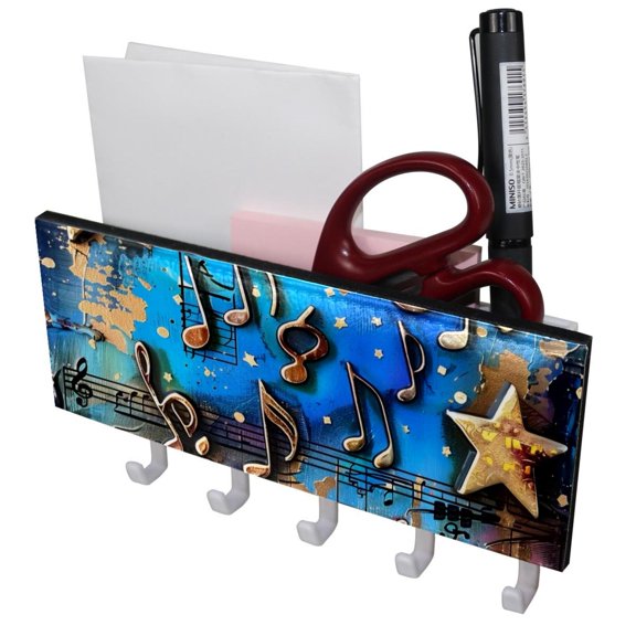 PhooArto Key Holder for Wall Decorative with 5 Key Hooks, Golden Stars Music Notes Holders Wall Mount Organizer with Mail Key Rack, Self Adhesive