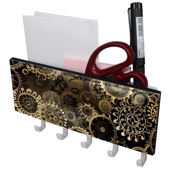 PhooArto Key Holder for Wall Decorative with 5 Key Hooks, Golden Steampunk Pattern Holders Wall Mount Organizer with Mail Key Rack, Self Adhesive