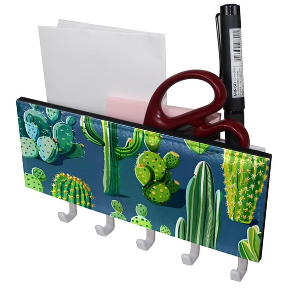 PhooArto Key Holder for Wall Decorative with 5 Key Hooks, Green Cactus Pattern Holders Wall Mount Organizer with Mail Key Rack, Self Adhesive