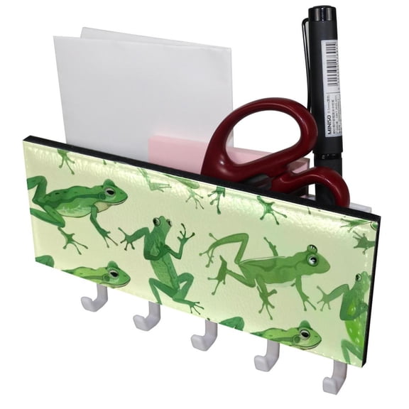 PhooArto Key Holder for Wall Decorative with 5 Key Hooks, Green Frog Pattern Holders Wall Mount Organizer with Mail Key Rack, Self Adhesive