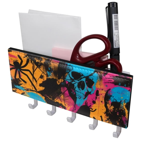 PhooArto Key Holder for Wall Decorative with 5 Key Hooks, Grunge Skull Spiders Pattern Holders Wall Mount Organizer with Mail Key Rack, Self Adhesive