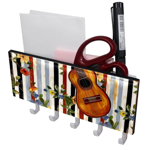 PhooArto Key Holder for Wall Decorative with 5 Key Hooks, Guitar Flower Stripe Pattern Holders Wall Mount Organizer with Mail Key Rack, Self Adhesive