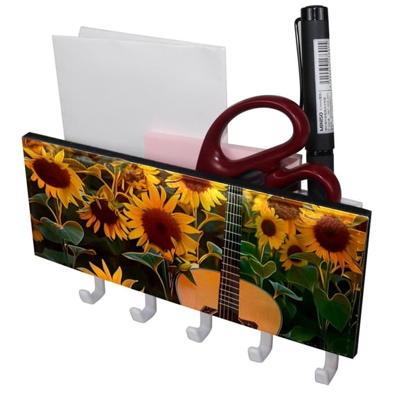 PhooArto Key Holder for Wall Decorative with 5 Key Hooks, Guitar in Sunflower Field Holders Wall Mount Organizer with Mail Key Rack, Self Adhesive