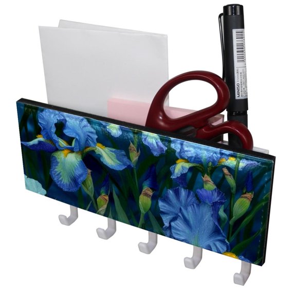 PhooArto Key Holder for Wall Decorative with 5 Key Hooks, Irises Flower at Night Holders Wall Mount Organizer with Mail Key Rack, Self Adhesive