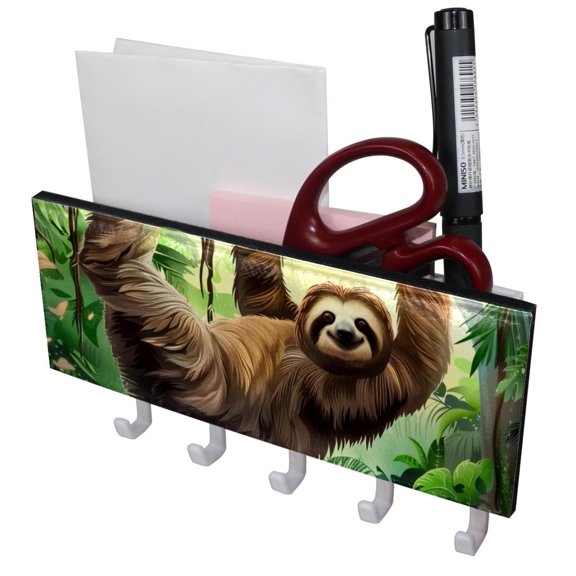 PhooArto Key Holder for Wall Decorative with 5 Key Hooks, Jungle Sloth in Rainforest Holders Wall Mount Organizer with Mail Key Rack, Self Adhesive