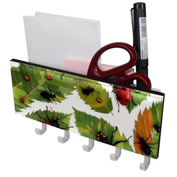 PhooArto Key Holder for Wall Decorative with 5 Key Hooks, Ladybug and Leaves Holders Wall Mount Organizer with Mail Key Rack, Self Adhesive