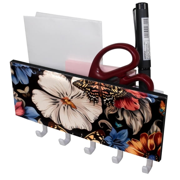 PhooArto Key Holder for Wall Decorative with 5 Key Hooks, Leopard Butterfly Flowers Holders Wall Mount Organizer with Mail Key Rack, Self Adhesive