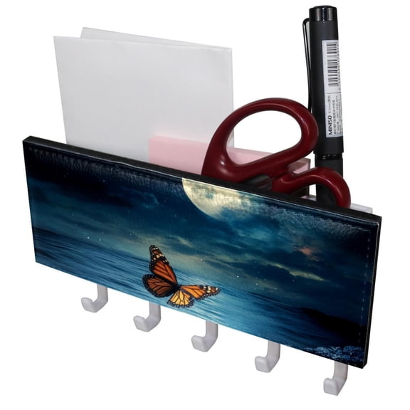 PhooArto Key Holder for Wall Decorative with 5 Key Hooks, Moonlit Butterfly Ocean Holders Wall Mount Organizer with Mail Key Rack, Self Adhesive