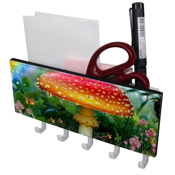 PhooArto Key Holder for Wall Decorative with 5 Key Hooks, Mushroom Rainbow Painting Holders Wall Mount Organizer with Mail Key Rack, Self Adhesive