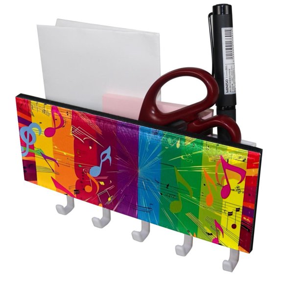 PhooArto Key Holder for Wall Decorative with 5 Key Hooks, Music Notes Rainbow Print Holders Wall Mount Organizer with Mail Key Rack, Self Adhesive