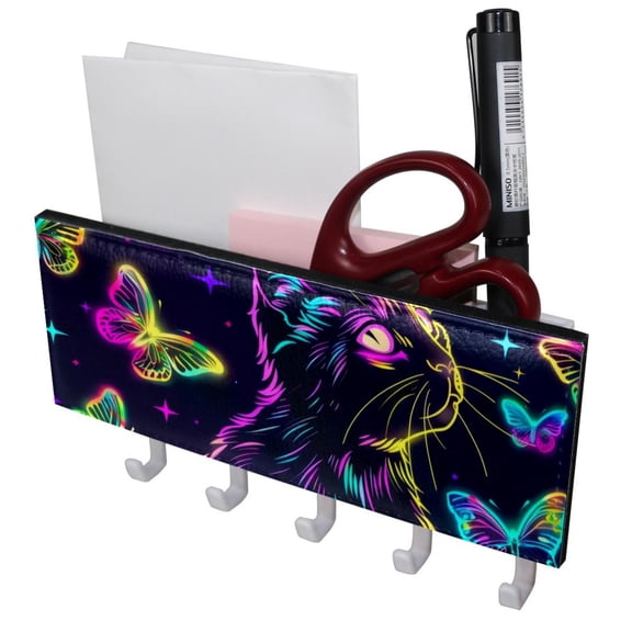 PhooArto Key Holder for Wall Decorative with 5 Key Hooks, Neon Butterflies Cat Pattern Holders Wall Mount Organizer with Mail Key Rack, Self Adhesive