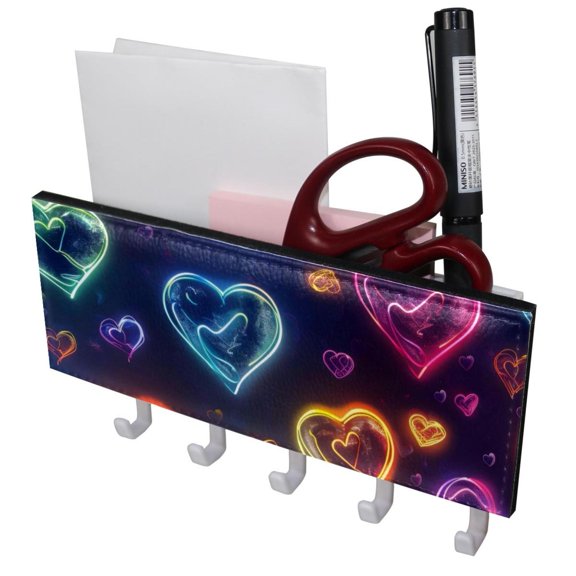 PhooArto Key Holder for Wall Decorative with 5 Key Hooks, Neon Love Hearts Patterns Holders Wall Mount Organizer with Mail Key Rack, Self Adhesive